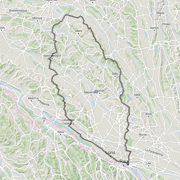 Map miniature of "Road Route: Bizanos to Kiosque San Carlos" cycling inspiration in Aquitaine, France. Generated by Tarmacs.app cycling route planner