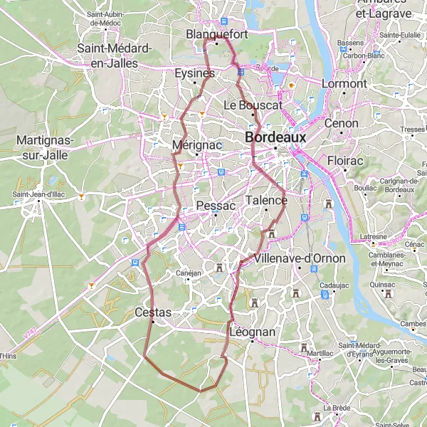 Map miniature of "The Bouscat Gravel Adventure" cycling inspiration in Aquitaine, France. Generated by Tarmacs.app cycling route planner