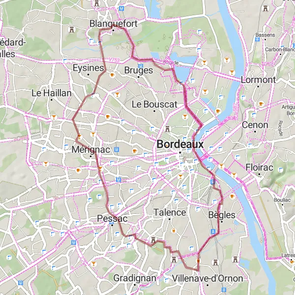Miniature de la carte de l'inspiration cycliste "Circuit des Châteaux Bordelais" dans la Aquitaine, France. Générée par le planificateur d'itinéraire cycliste Tarmacs.app