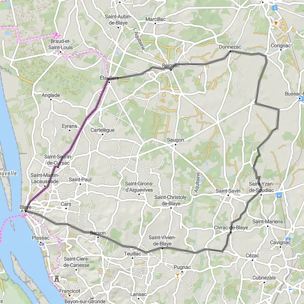 Map miniature of "Blaye to Saint-Seurin-de-Cursac Loop" cycling inspiration in Aquitaine, France. Generated by Tarmacs.app cycling route planner