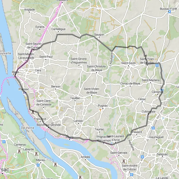 Map miniature of "Cavignac Loop" cycling inspiration in Aquitaine, France. Generated by Tarmacs.app cycling route planner