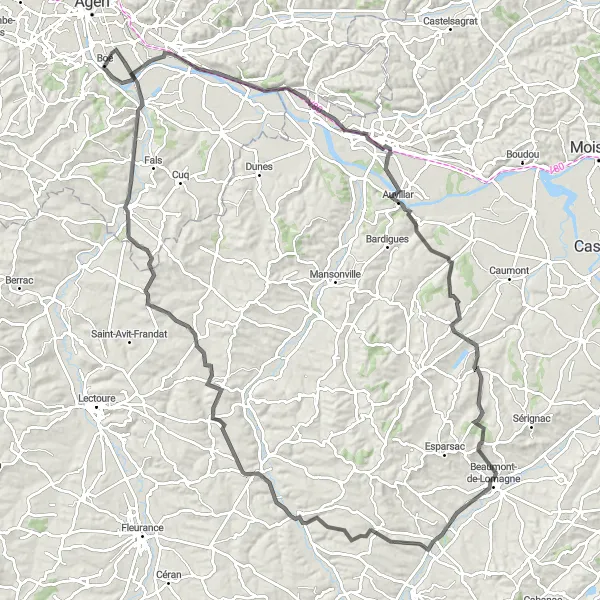 Map miniature of "Road Cycling Adventure - Saint-Jean-de-Thurac to Layrac" cycling inspiration in Aquitaine, France. Generated by Tarmacs.app cycling route planner