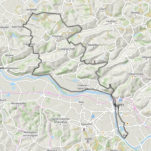 Miniatua del mapa de inspiración ciclista "Ruta de Ciclismo por Caminos en Boé" en Aquitaine, France. Generado por Tarmacs.app planificador de rutas ciclistas