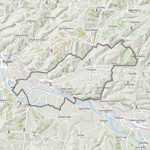 Map miniature of "Road Cycling Journey - Bon-Encontre to Layrac" cycling inspiration in Aquitaine, France. Generated by Tarmacs.app cycling route planner