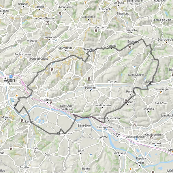 Miniatua del mapa de inspiración ciclista "Ruta panorámica de 81 km desde Boé" en Aquitaine, France. Generado por Tarmacs.app planificador de rutas ciclistas