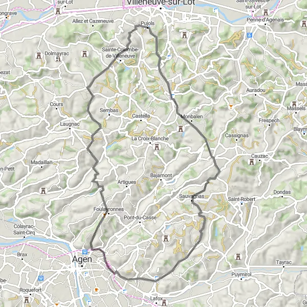 Miniatua del mapa de inspiración ciclista "Ruta Escénica por Foulayronnes y Laroque-Timbaut" en Aquitaine, France. Generado por Tarmacs.app planificador de rutas ciclistas