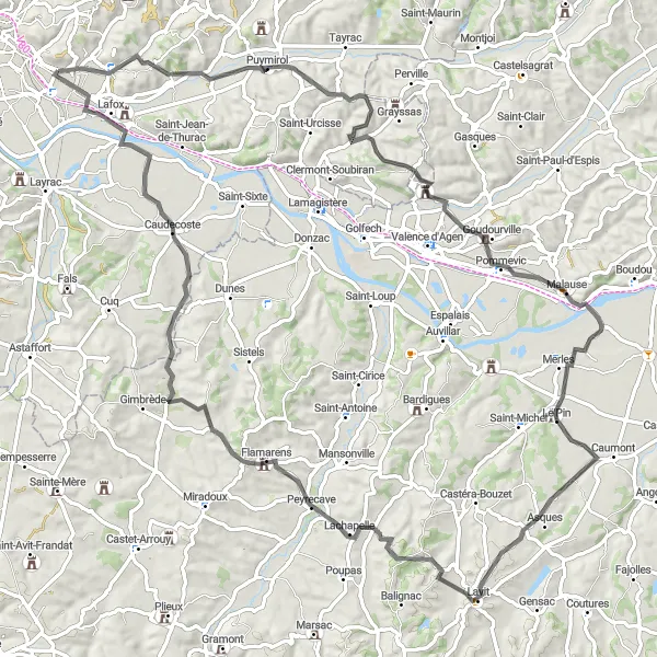 Miniature de la carte de l'inspiration cycliste "La Route des Châteaux" dans la Aquitaine, France. Générée par le planificateur d'itinéraire cycliste Tarmacs.app