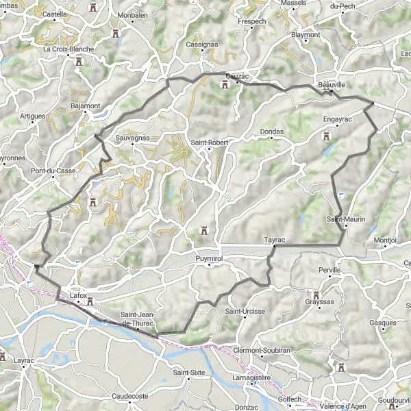 Map miniature of "The Perched Castles Ride" cycling inspiration in Aquitaine, France. Generated by Tarmacs.app cycling route planner