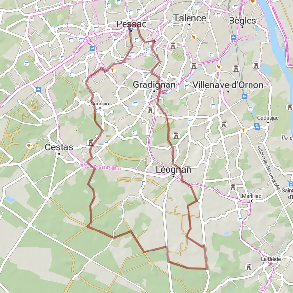 Miniatua del mapa de inspiración ciclista "Ruta de Grava por Pessac y Léognan" en Aquitaine, France. Generado por Tarmacs.app planificador de rutas ciclistas