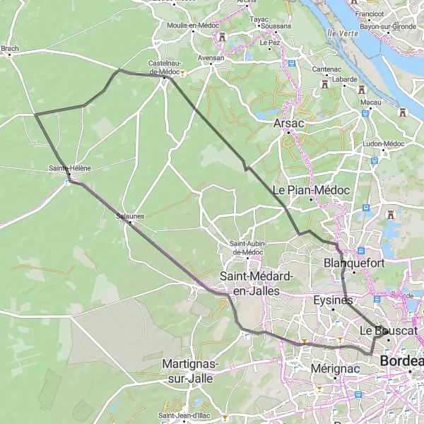 Map miniature of "Cycling route in Caudéran" cycling inspiration in Aquitaine, France. Generated by Tarmacs.app cycling route planner