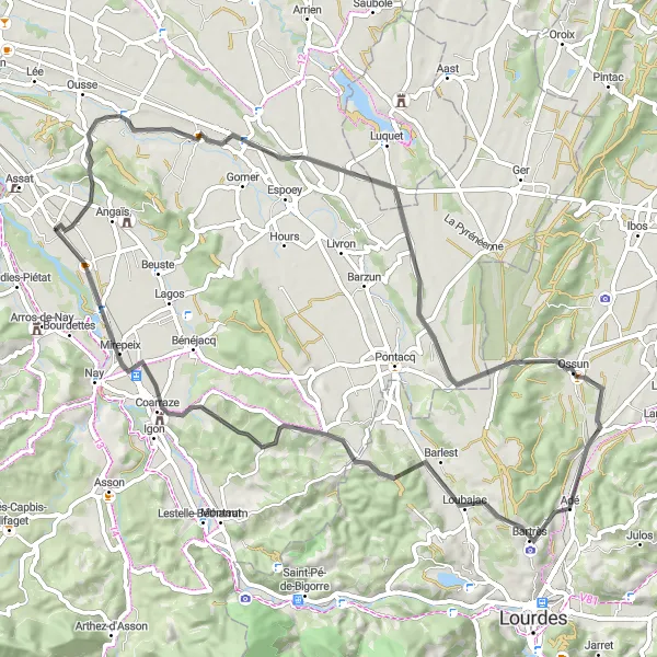 Map miniature of "Artigueloutan Loop" cycling inspiration in Aquitaine, France. Generated by Tarmacs.app cycling route planner