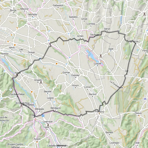 Miniature de la carte de l'inspiration cycliste "La campagne paisible depuis Bordes" dans la Aquitaine, France. Générée par le planificateur d'itinéraire cycliste Tarmacs.app