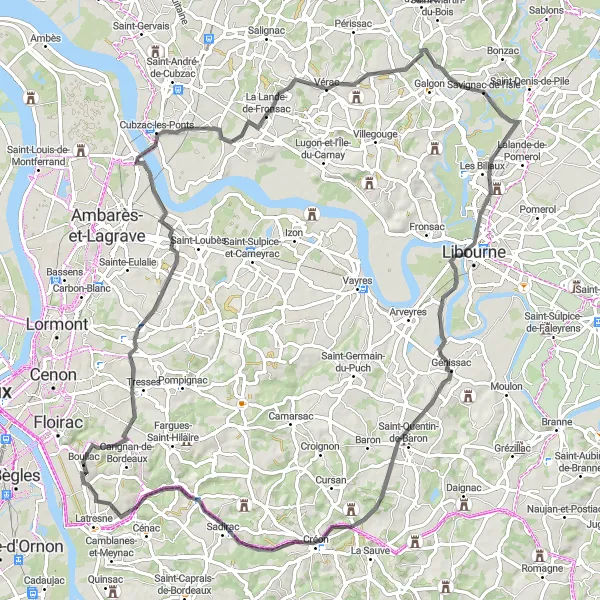 Map miniature of "The Vineyard Tour" cycling inspiration in Aquitaine, France. Generated by Tarmacs.app cycling route planner