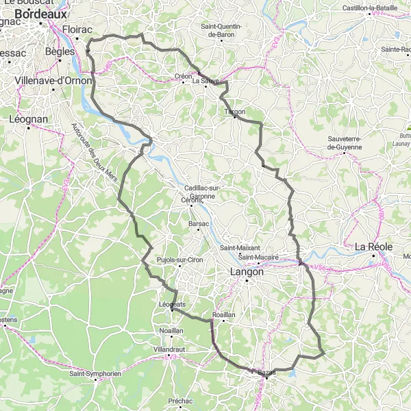 Miniatua del mapa de inspiración ciclista "Ruta de ciclismo de carretera con 143 km alrededor de Bouliac" en Aquitaine, France. Generado por Tarmacs.app planificador de rutas ciclistas