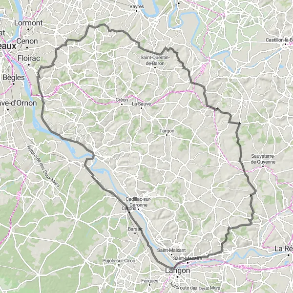 Miniatua del mapa de inspiración ciclista "Recorrido en carretera de 122 km desde Bouliac" en Aquitaine, France. Generado por Tarmacs.app planificador de rutas ciclistas