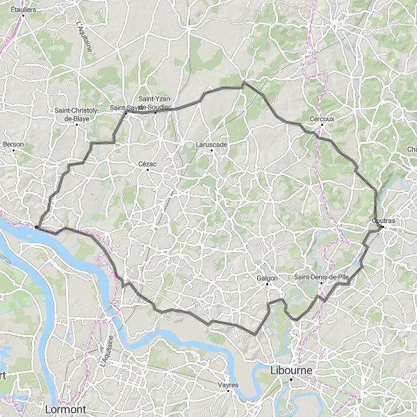 Miniatua del mapa de inspiración ciclista "Ruta a Coutras desde Bourg" en Aquitaine, France. Generado por Tarmacs.app planificador de rutas ciclistas