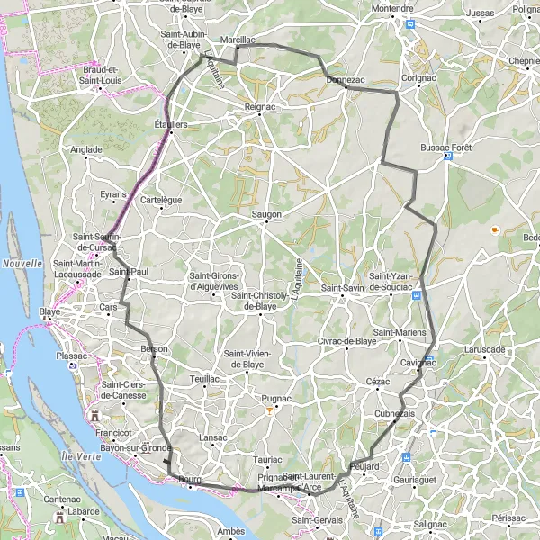 Map miniature of "Scenic Route through Bourg" cycling inspiration in Aquitaine, France. Generated by Tarmacs.app cycling route planner