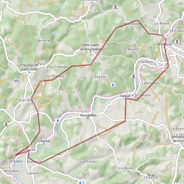 Miniature de la carte de l'inspiration cycliste "Le Circuit des Vallées" dans la Aquitaine, France. Générée par le planificateur d'itinéraire cycliste Tarmacs.app