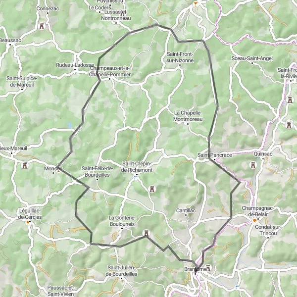 Miniature de la carte de l'inspiration cycliste "La Route des Châteaux et des Villages" dans la Aquitaine, France. Générée par le planificateur d'itinéraire cycliste Tarmacs.app