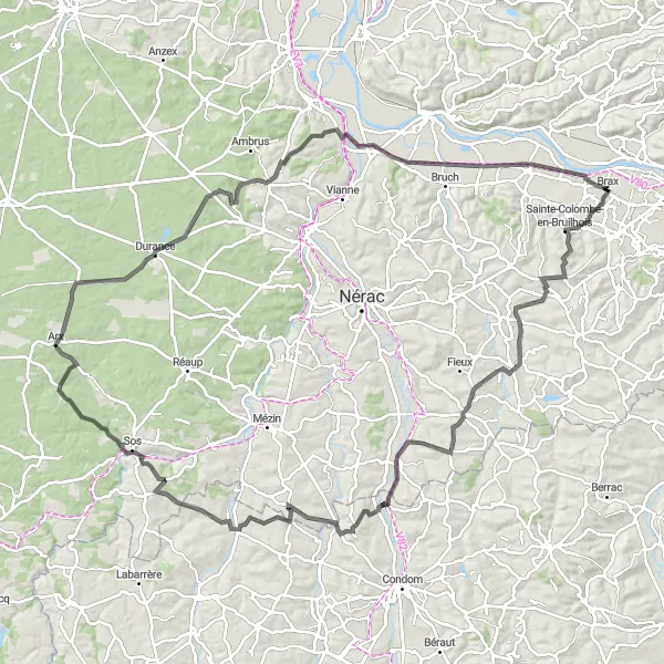 Miniatua del mapa de inspiración ciclista "Aventura ciclista por Francescas, Fourcès y Sérignac-sur-Garonne" en Aquitaine, France. Generado por Tarmacs.app planificador de rutas ciclistas