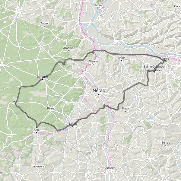 Miniatua del mapa de inspiración ciclista "Ruta desde Brax a Sérignac-sur-Garonne" en Aquitaine, France. Generado por Tarmacs.app planificador de rutas ciclistas