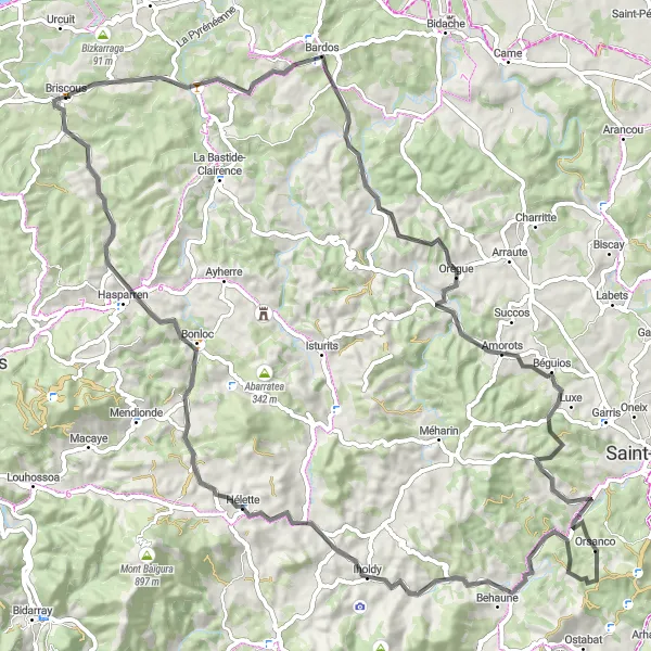 Miniatua del mapa de inspiración ciclista "Ruta de Ciclismo de Carretera con 1402m de ascenso en 89km cerca de Briscous" en Aquitaine, France. Generado por Tarmacs.app planificador de rutas ciclistas