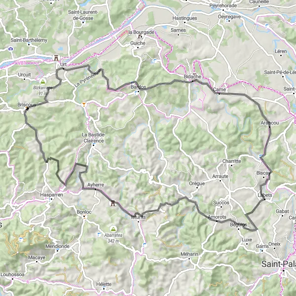 Miniatua del mapa de inspiración ciclista "Ruta de Ciclismo de Carretera con 1195m de ascenso en 84km cerca de Briscous" en Aquitaine, France. Generado por Tarmacs.app planificador de rutas ciclistas