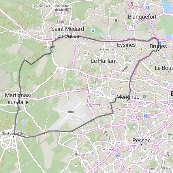 Miniatua del mapa de inspiración ciclista "Ruta en carretera a Bruges" en Aquitaine, France. Generado por Tarmacs.app planificador de rutas ciclistas