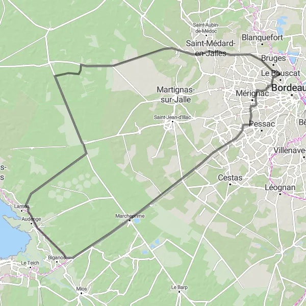 Map miniature of "Bruges to Château de Treulon Road Cycling Route" cycling inspiration in Aquitaine, France. Generated by Tarmacs.app cycling route planner