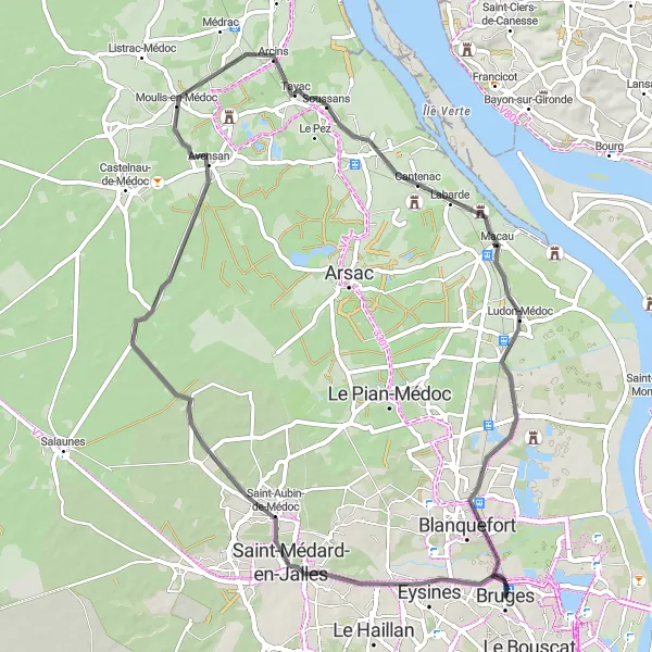 Map miniature of "Bruges to Ludon-Médoc Road Cycling Route" cycling inspiration in Aquitaine, France. Generated by Tarmacs.app cycling route planner