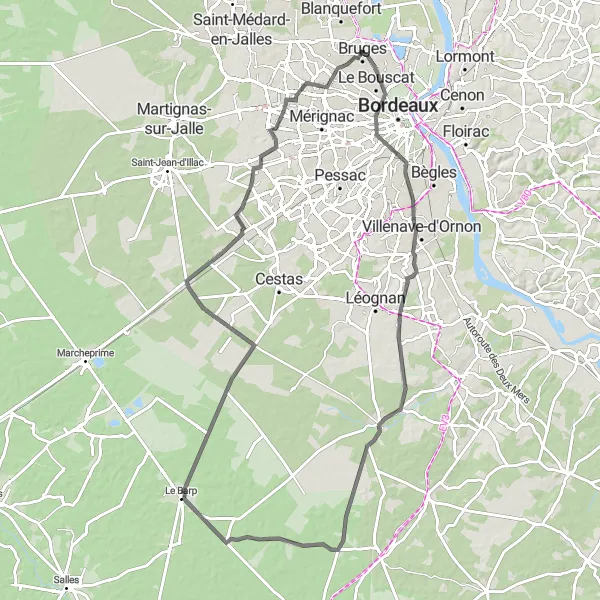 Map miniature of "Bruges to Pierroton Road Cycling Route" cycling inspiration in Aquitaine, France. Generated by Tarmacs.app cycling route planner