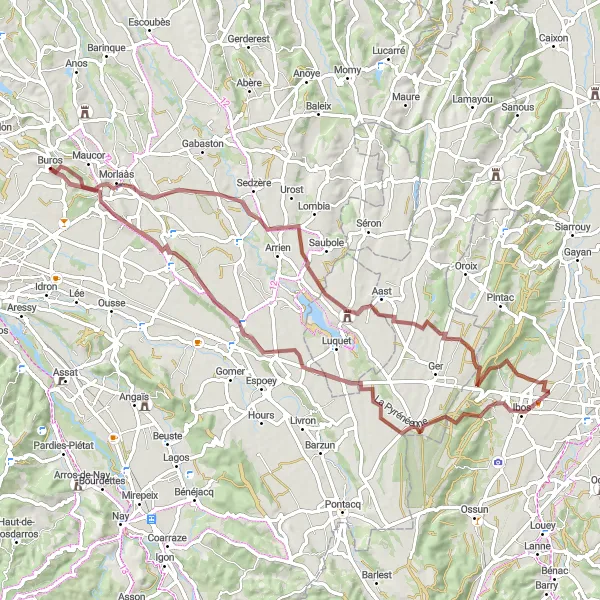 Map miniature of "Exploring the Gravel Paths of Buros" cycling inspiration in Aquitaine, France. Generated by Tarmacs.app cycling route planner