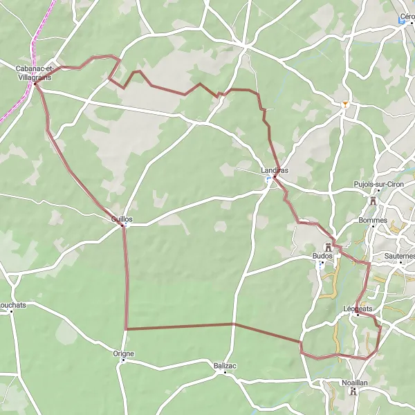 Miniatua del mapa de inspiración ciclista "Explorando Landiras y Guillos" en Aquitaine, France. Generado por Tarmacs.app planificador de rutas ciclistas