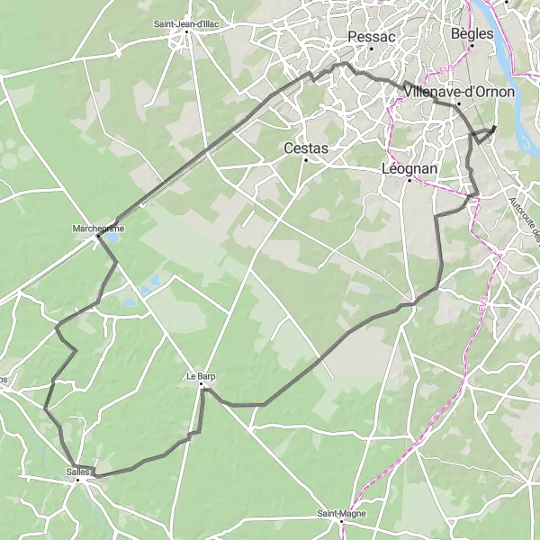 Miniatua del mapa de inspiración ciclista "Ruta a Saucats y Les Broustey en carretera" en Aquitaine, France. Generado por Tarmacs.app planificador de rutas ciclistas