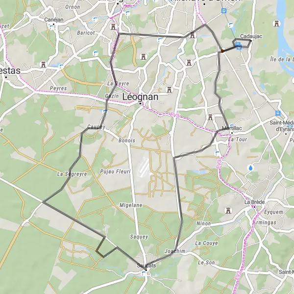 Map miniature of "Cadaujac Short Ride" cycling inspiration in Aquitaine, France. Generated by Tarmacs.app cycling route planner