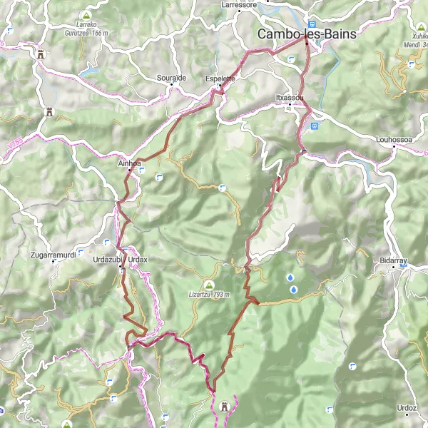 Miniature de la carte de l'inspiration cycliste "Les Collines Basques en Gravel" dans la Aquitaine, France. Générée par le planificateur d'itinéraire cycliste Tarmacs.app