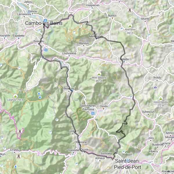 Map miniature of "Cambo-les-Bains to Irouléguy Loop" cycling inspiration in Aquitaine, France. Generated by Tarmacs.app cycling route planner