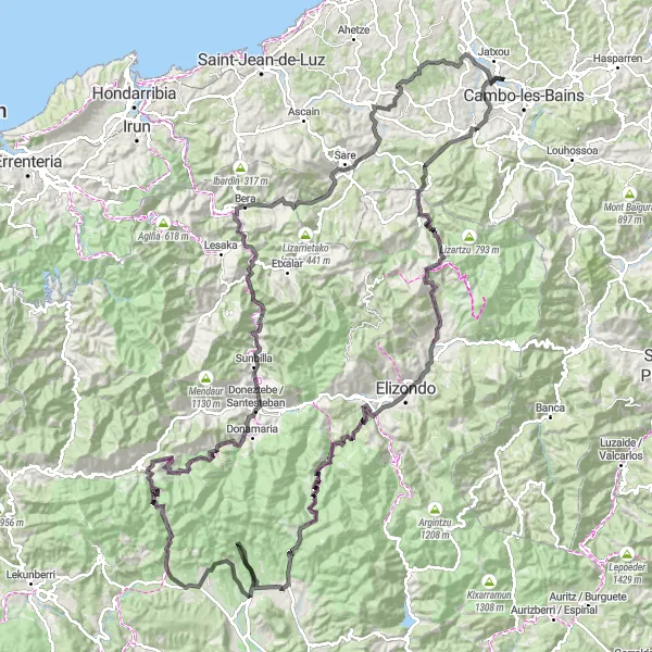 Miniatua del mapa de inspiración ciclista "Ruta desafiante de 177 km en carretera desde Cambo-les-Bains" en Aquitaine, France. Generado por Tarmacs.app planificador de rutas ciclistas