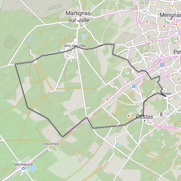 Miniatua del mapa de inspiración ciclista "Ruta de Ciclismo Cestas-Pierroton" en Aquitaine, France. Generado por Tarmacs.app planificador de rutas ciclistas