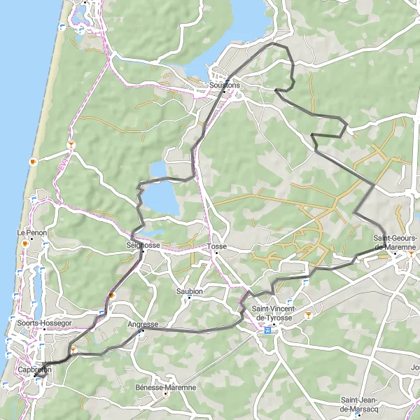 Miniature de la carte de l'inspiration cycliste "Boucle à vélo Capbreton - Angresse" dans la Aquitaine, France. Générée par le planificateur d'itinéraire cycliste Tarmacs.app