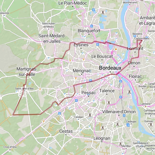 Miniature de la carte de l'inspiration cycliste "Tour de Bordeaux et Bassins" dans la Aquitaine, France. Générée par le planificateur d'itinéraire cycliste Tarmacs.app