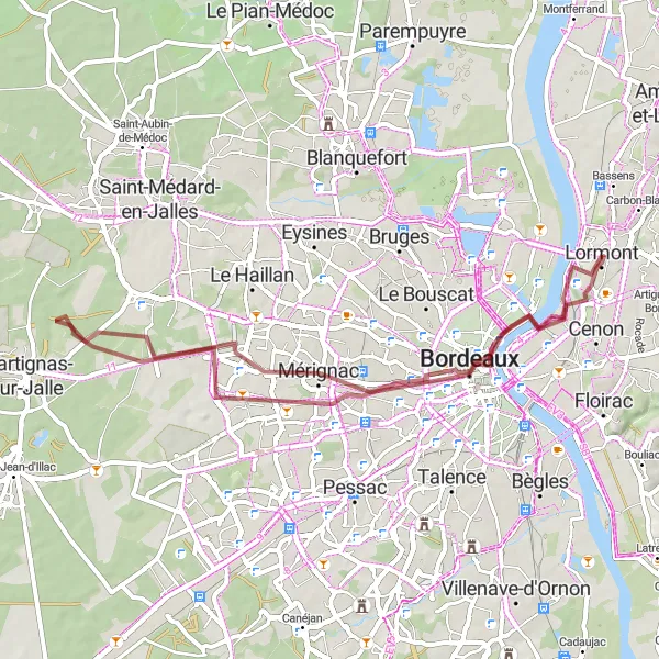 Miniatua del mapa de inspiración ciclista "Ruta en Gravel por Aquitania" en Aquitaine, France. Generado por Tarmacs.app planificador de rutas ciclistas