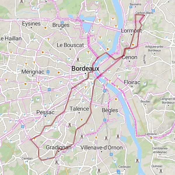 Miniature de la carte de l'inspiration cycliste "Exploration autour de Bordeaux" dans la Aquitaine, France. Générée par le planificateur d'itinéraire cycliste Tarmacs.app