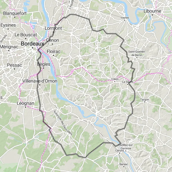 Miniatua del mapa de inspiración ciclista "Aventura en Bicicleta por Beychac-et-Caillau y La Brède" en Aquitaine, France. Generado por Tarmacs.app planificador de rutas ciclistas