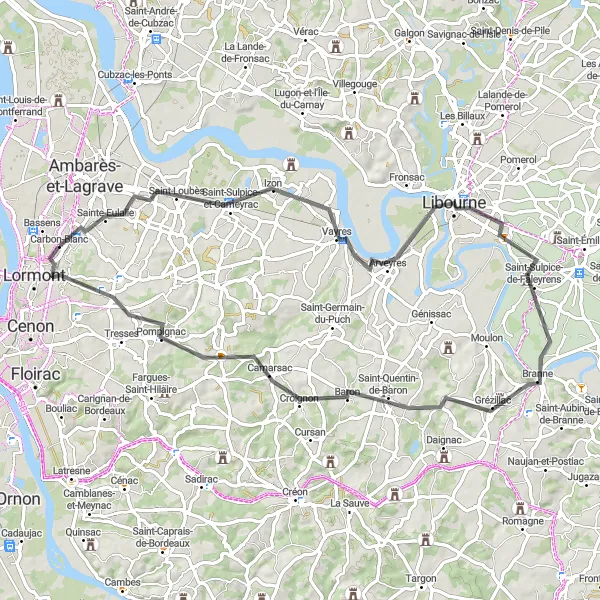 Miniature de la carte de l'inspiration cycliste "Excursion à Saint-Loubès" dans la Aquitaine, France. Générée par le planificateur d'itinéraire cycliste Tarmacs.app