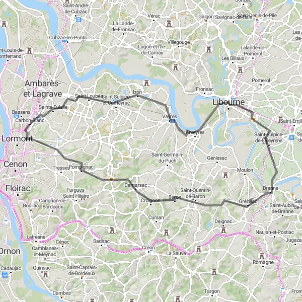 Map miniature of "Saint-Loubès and Saint-Quentin-de-Baron" cycling inspiration in Aquitaine, France. Generated by Tarmacs.app cycling route planner