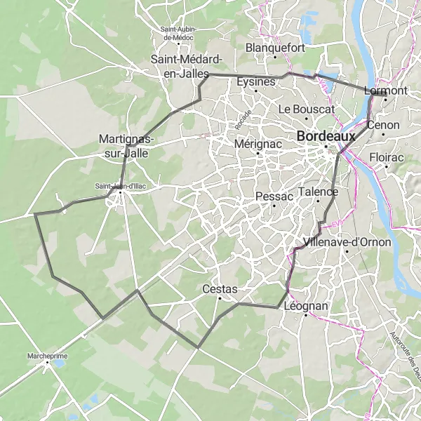 Miniatua del mapa de inspiración ciclista "Ruta de Carretera a Château du Prince Noir y más" en Aquitaine, France. Generado por Tarmacs.app planificador de rutas ciclistas