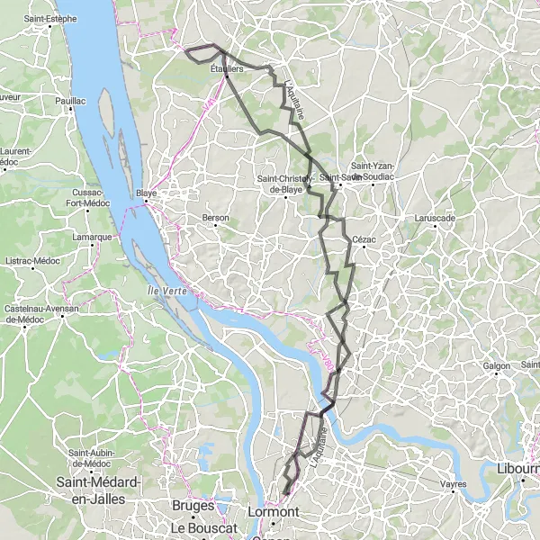 Miniatua del mapa de inspiración ciclista "Ruta de Carretera a Observatoire de Montalon y más" en Aquitaine, France. Generado por Tarmacs.app planificador de rutas ciclistas