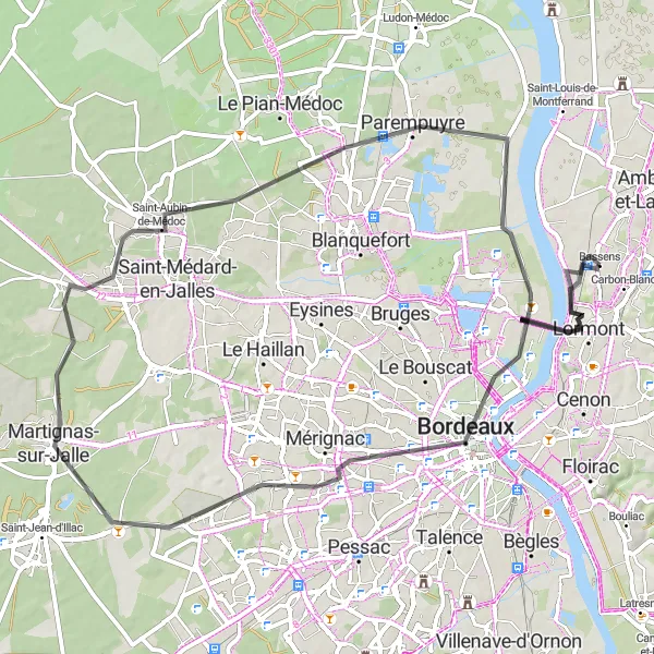 Miniatua del mapa de inspiración ciclista "Ruta en Carretera a Martignas-sur-Jalle" en Aquitaine, France. Generado por Tarmacs.app planificador de rutas ciclistas