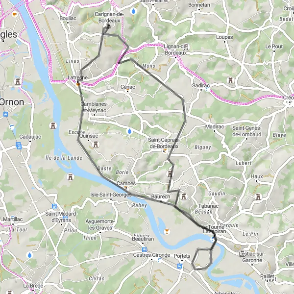 Miniatua del mapa de inspiración ciclista "Ruta de Carignan-de-Bordeaux a Saint-Caprais-de-Bordeaux y más" en Aquitaine, France. Generado por Tarmacs.app planificador de rutas ciclistas